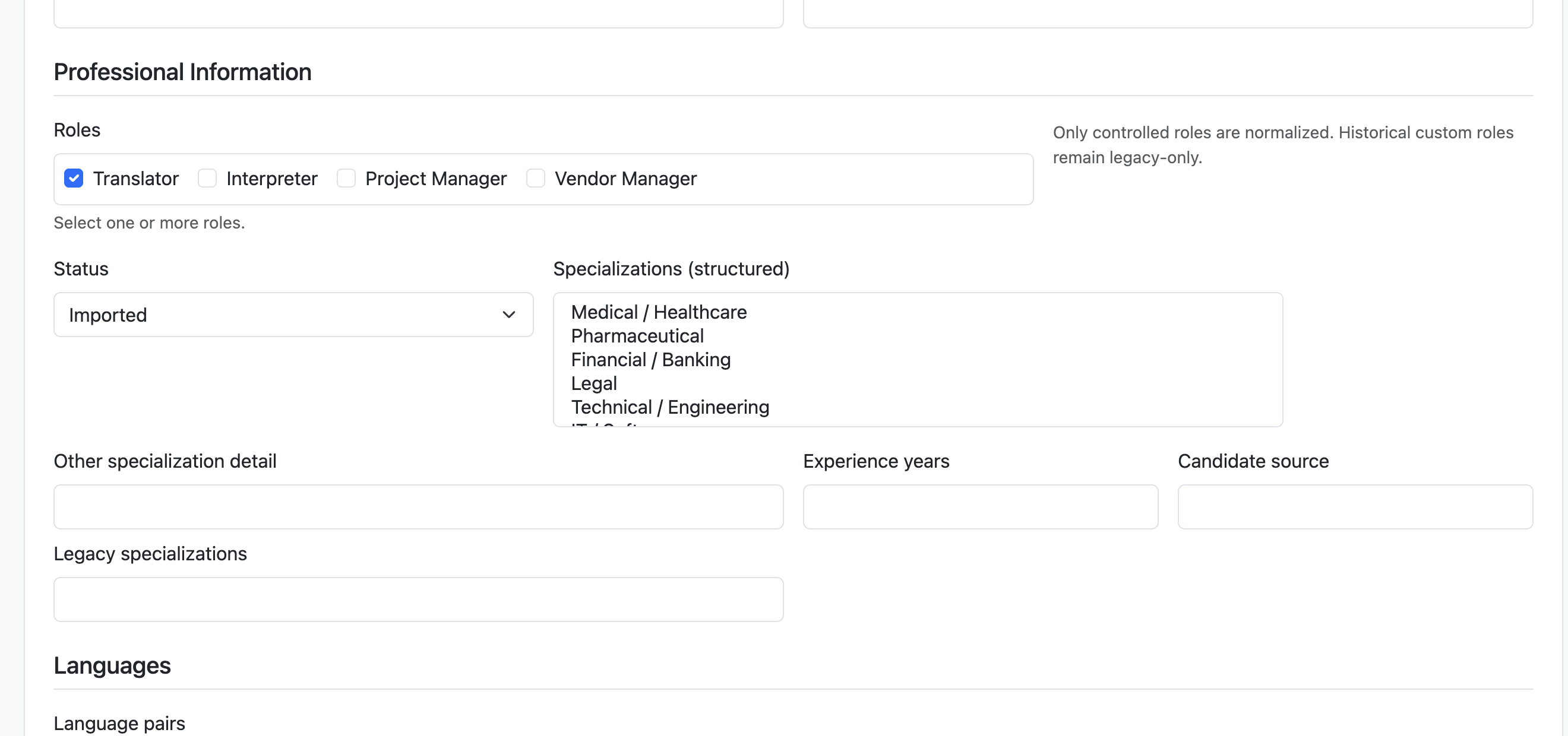 Structured translator and interpreter candidate profile in CauLingo’s internal vendor management platform